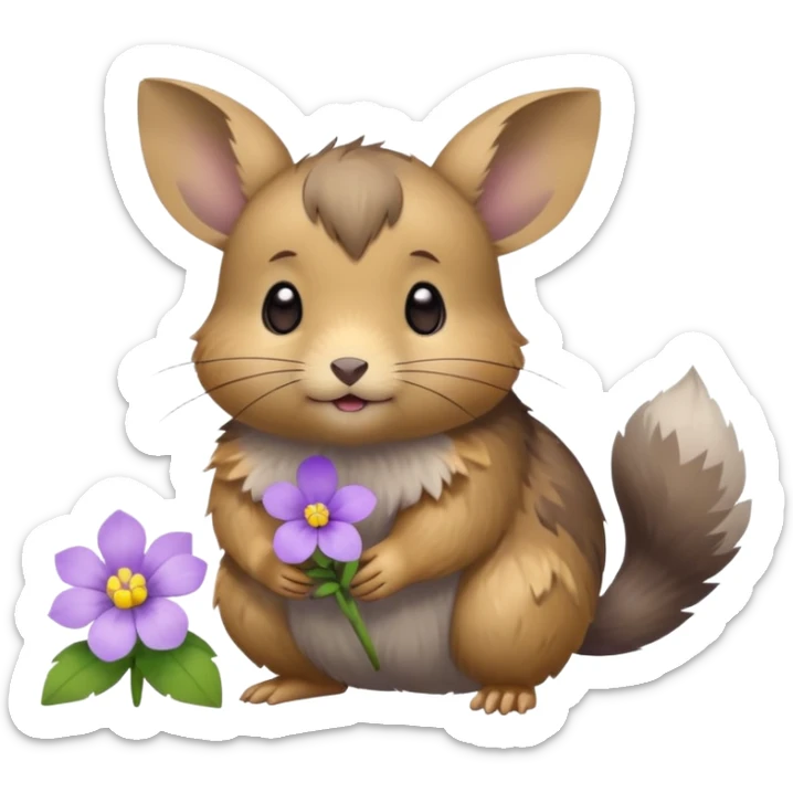 small round pika on all fours, turned at an angle, with a little light purple flower in its mouth sticker