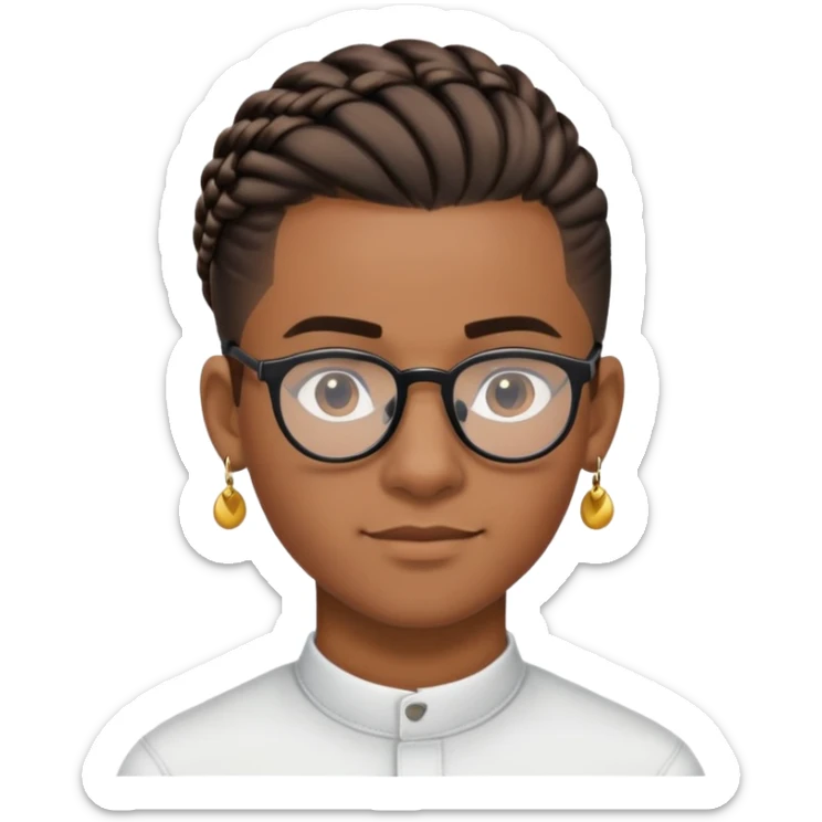 joven moreno con trenza pegada, bluao por los lados, arete y lentes negros, cabeza media redonda sticker