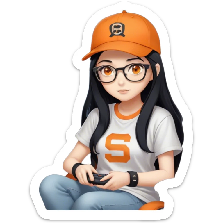 A cute anime girl with long black hair and orange eyes, wearing an oversized t-shirt and an orange baseball cap with a grey band on the front, sits in her gaming chair at night. This image serves as her profile picture on Steam. Wearing glasses with the awesome signature logo. sticker