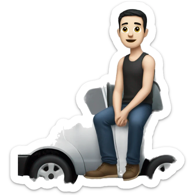 A man with pale skin and black hair, sitting on top of a black Ford car sticker