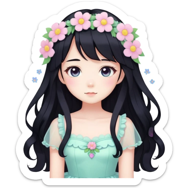 Kawaii anime lady with long black hair wearing a gorgeous pastel fairycore dress with flower details sticker