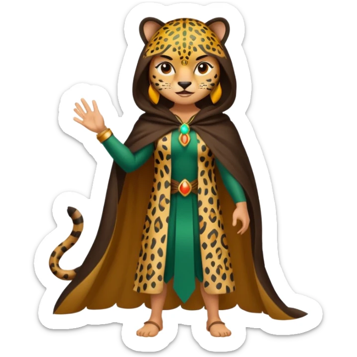 forest sticker character, latina woman dressed as jaguar spirit, spotted cloak, confident stance sticker