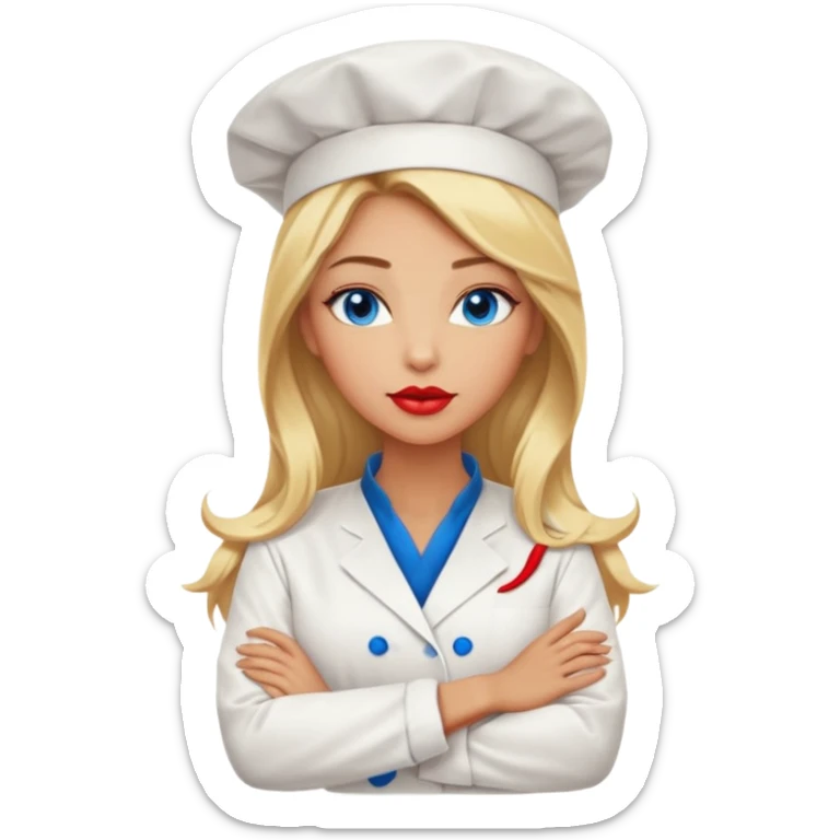 Beautiful, sexy,  long blonde hair, blue eyed, full red lips plunging v neck chefs coat, female chef arms folded  sticker