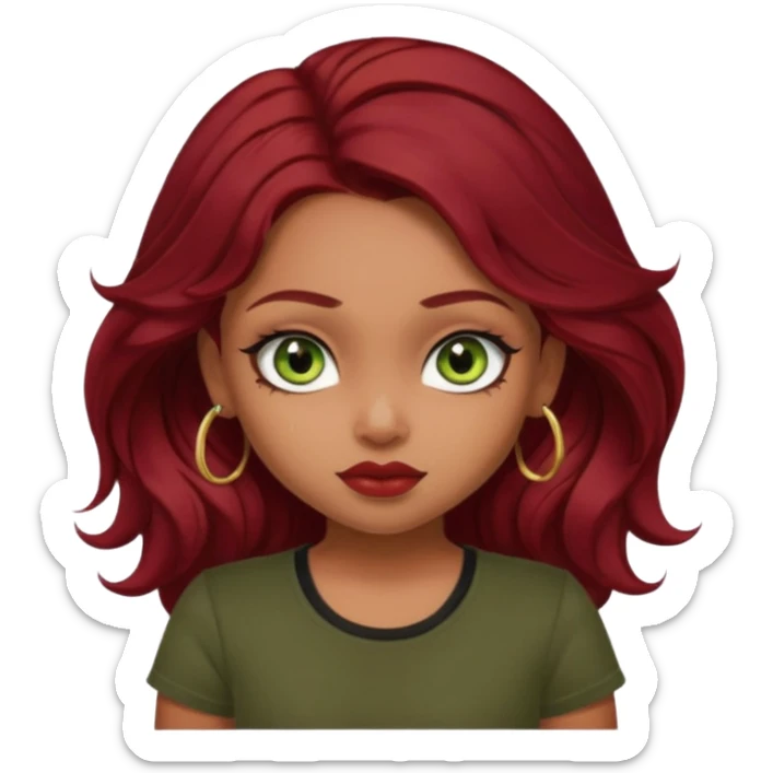 a pretty FAIR indian bratz girl with wavy dark red hair, wearing a black tee. eyeliner on, olive green eyes.  sticker