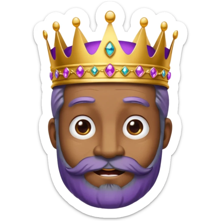 Create a cartoon-style emoji of Baltasar, one of the Three Wise Men. Only show his face and crown. He is older, with a black beard, joyful wrinkles, and a purple and gold jeweled crown. Express warmth and wisdom. Colorful and simple, suitable as an emoji. sticker