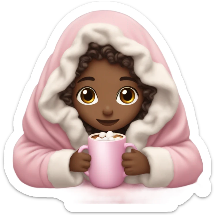 Light skin girl sitting up with dark dark brown curly hair under our pink blanket,make her look like a young  make it so you can see the curly hairsipping hot cocoa with marshmallows, cuddled around the blanket, long curly hair, long, medium lashes sticker