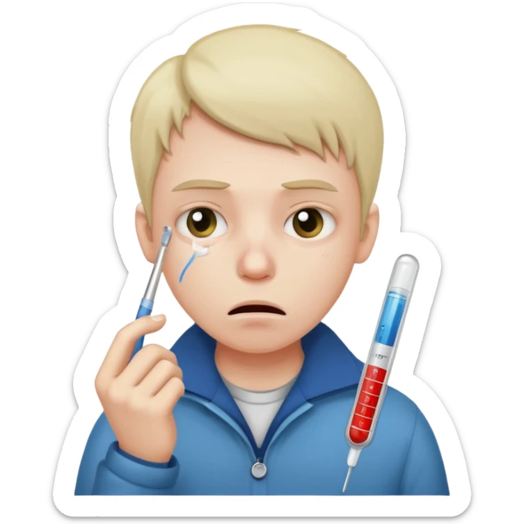 persona enferma con un termometro en la boca  pero que no tenga ropa de enferma y con una cara mas enferma sticker