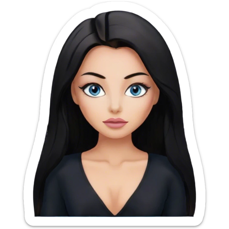 Glamours make-up, tanned, beautiful, girl, with blue eyes, big pump peach-beige-rose lips, eyeliner, long lashes, black straight smooth silky long hair, parting hair in the middle,  in black v-neck bodysuit long sleeves sticker