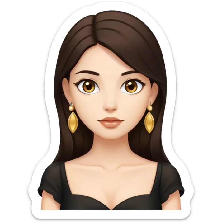 Beautiful woman,cute, long dark brown hair in dark dress with gold earrings sticker