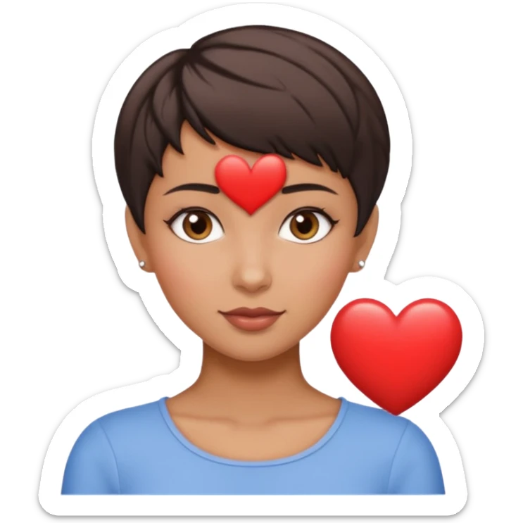 woman pixie cut dark brown hair, tan skin, brown oval eyes, heart shaped face sticker