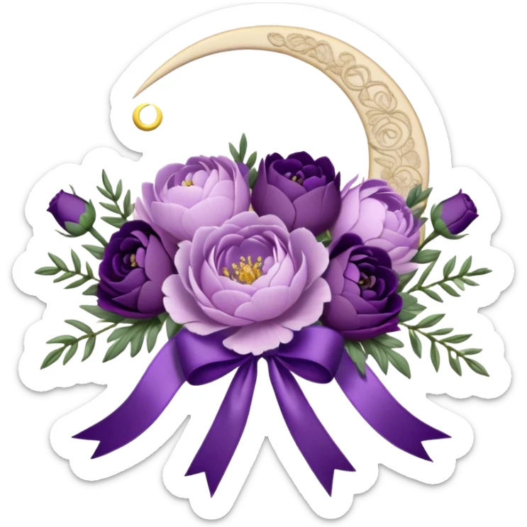 A vintage bouquet of lavender-hued peonies, deep violet roses, and soft lilac pansies, tied together with a silk ribbon in shades of plum and amethyst, rests beneath the glow of a crescent moon. Scattered around are tiny embroidered hearts on a delicate lace handkerchief, while the scent of dried lavender lingers in the cool evening air. sticker