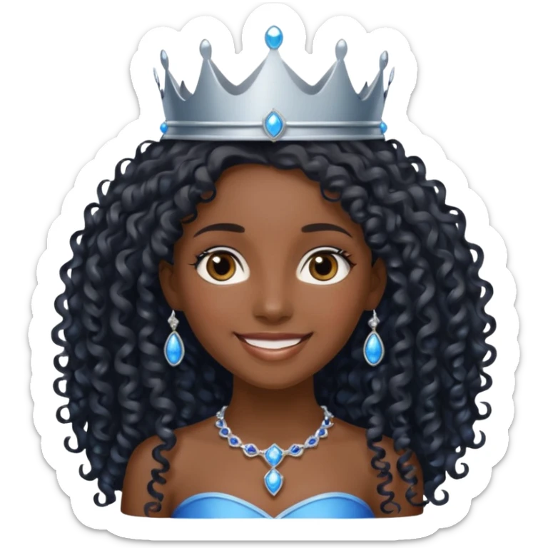 Por favor hazme el emoji de la princesa pero morena con el pelo negro y rizado y largo, los ojos marrones y la corona plateada con jollas azules sticker