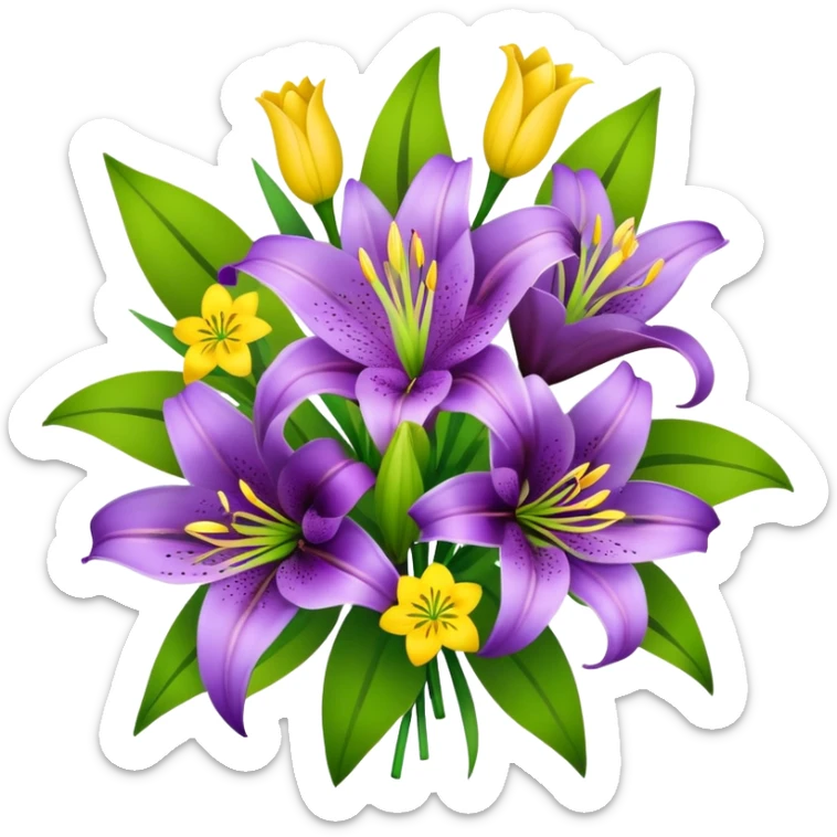 Bouquet of purple lilies with some yellow circular flowers in between  sticker