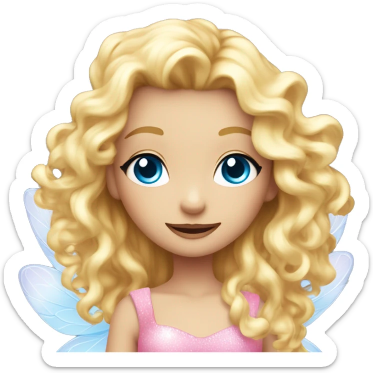 Fairy, a blonde hair with blue eyes and a pink dress with sparkly wings. White wings. The fairy has long, curly hair with a lot of volume sticker