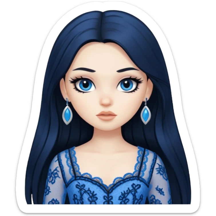pretty, black long hair, pale skin, eyeliner, blue lace clothes, bratz baddie sticker