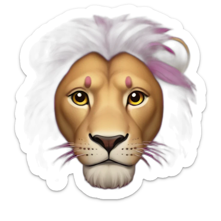 Lion with magenta hair, white left eye, closed right eye with scar, purple furr sticker