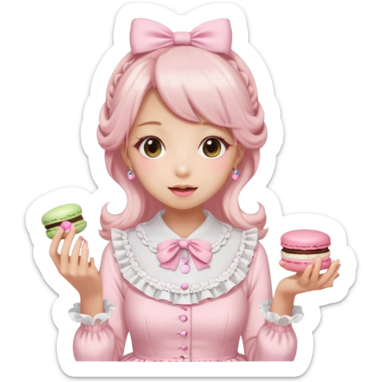 a girl in a light pink lolita hime gyaru dress holding a macaron, emoji style sticker