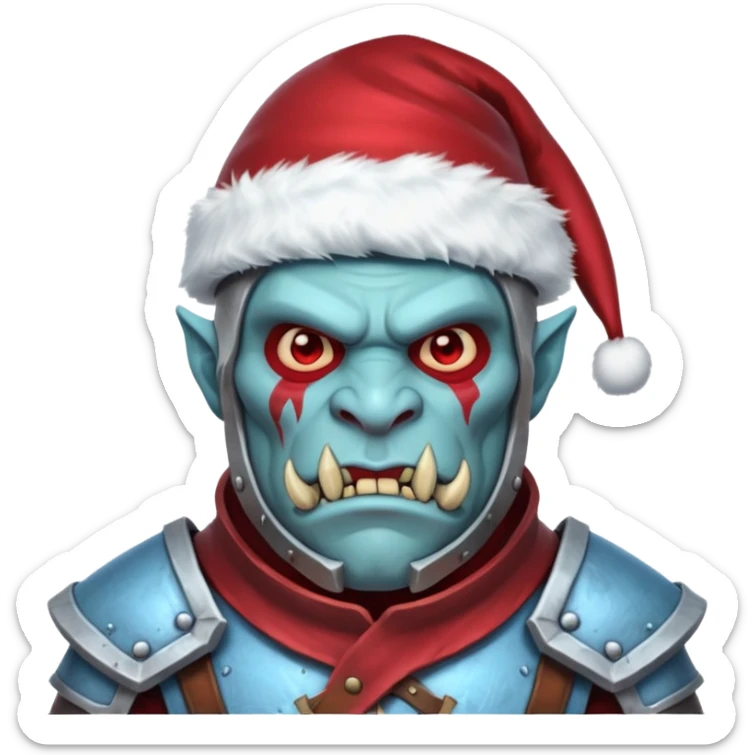 
Fantasy Christmas orc legion soldier icon, iron tundra army theme, heavy winter armor, disciplined brutal look, icy blue steel armor with deep crimson accents, frozen metal texture, cold winter atmosphere, male variant sticker