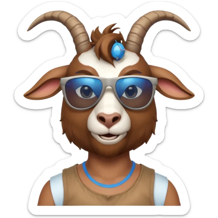 3D cartoon goat man portrait, head and shoulders, brown fur, small horns, blue reflective sunglasses, slight smile, tank top, soft lighting, centered, clean background, no text, no watermark
 sticker