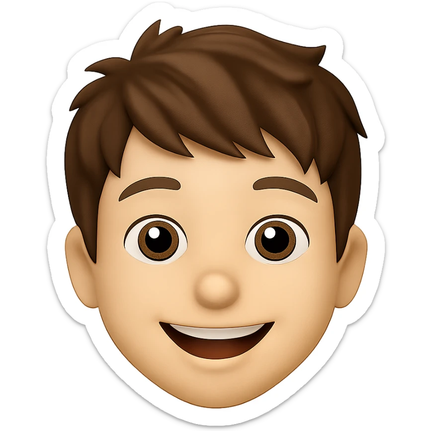 emoji face of a young person with short tousled brown hair, light skin, smiling expression sticker