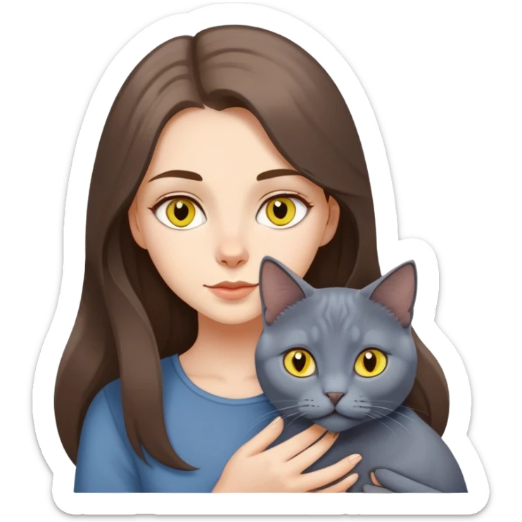 White girl with long brown hair holding russian blue cat with yellow eyes  sticker