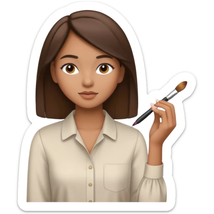 Draw a mixed-race girl applying makeup, wearing a clean girl blouse and with straight brown hair  sticker