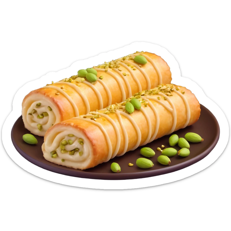 Halawet el Jibn dessert, rolled cheese and semolina pastry with creamy filling, drizzled with syrup and sprinkled with pistachios, appetizing and inviting, on a small plate sticker