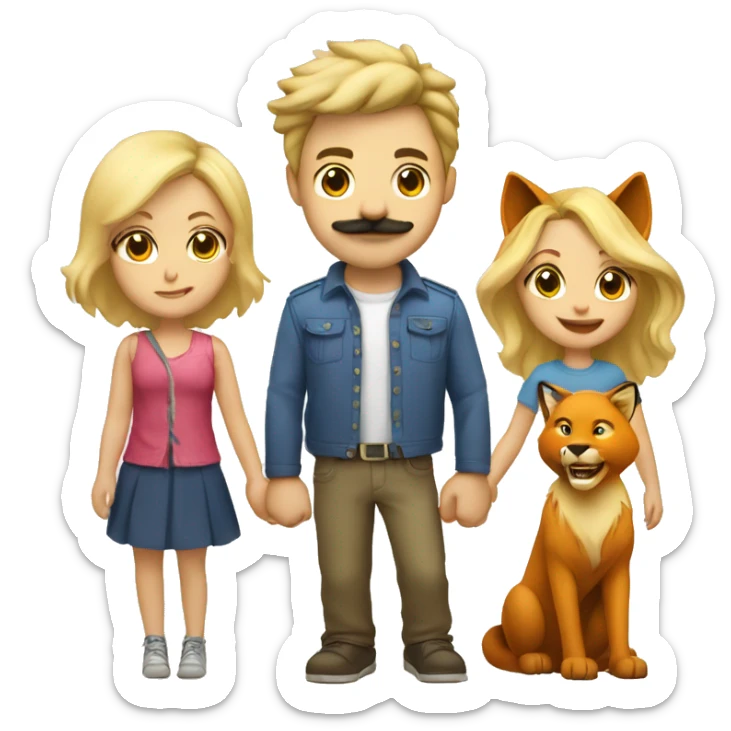 One blonde guy with mustache and one blonde gal kissing and holding hands with a lion on the left and a fox on the right  sticker