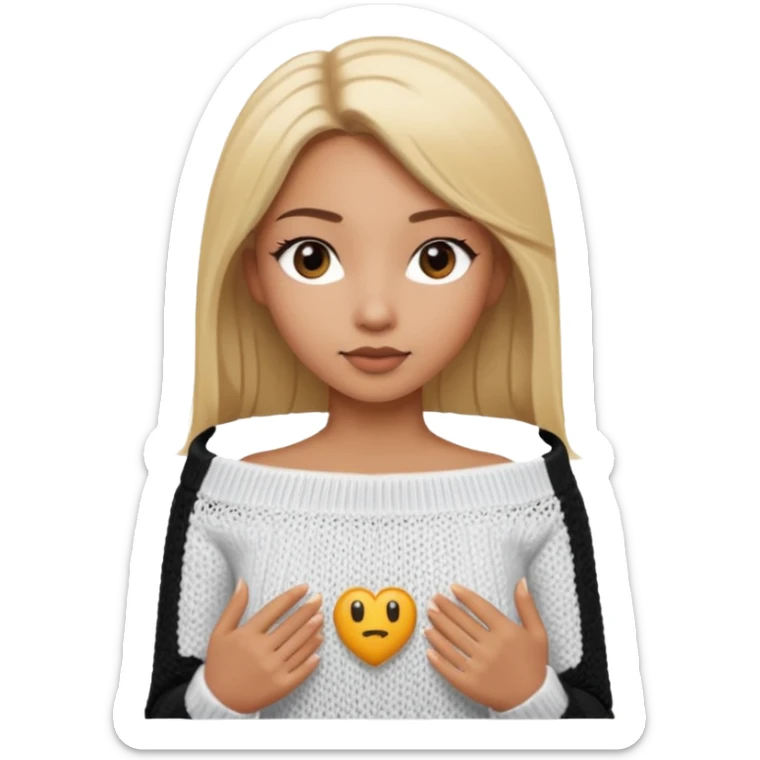 Mujer color de piel moreno claro, con cabello rubio largo, lacio y suelto, ojos negros viendo a la cámara, usando un suéter off shoulders blanco sticker