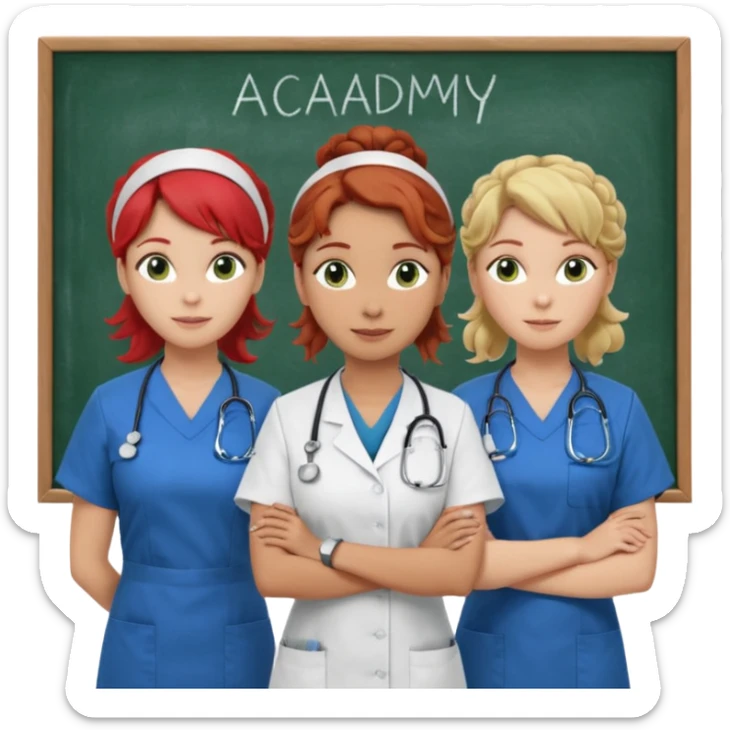 3 nurses: nurse 1 is wearing green work clothes, curly hair, middle european. nurse 2 is wearing blue work clothes, blond straight hair, scandinavic, nurse 3 is wearing white work clothes, red hair put into a bun, slavic. they all stand in a classroom, "Academy" written in white on board sticker