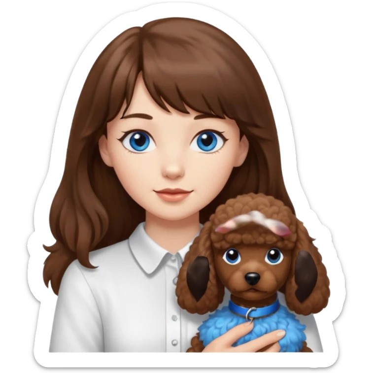 Kobieta z długimi brązowymi włosami, ma grzywkę i niebieskie oczy. Ubrana w białą koszulę. Trzyma na rękach brązowego pudelka. sticker