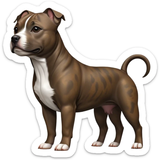 cinematic-[Staffordshire bull terrier]-realistic-full-body-standing-emoji,-tail-resting-loosely-beside-its-paws,-head-tilted-dramatically, -sleek-[dark solid brindle]-fur,-simplified-yet-realistic-focused-features,-highly-detailed,-glowing-with-an-almost-sarcastic-glow sticker