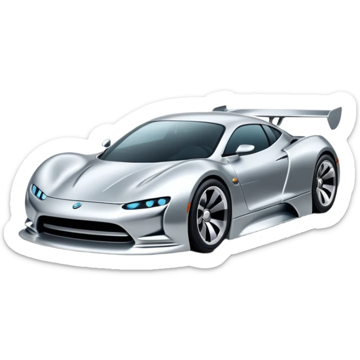 A low-profile futuristic car emoji made of polished silver chrome, wide body stance, smooth aerodynamic shape, glossy metallic surface, soft reflections, luxury swag aesthetic, minimal details, iOS emoji style, centered on clean white background, studio lighting sticker