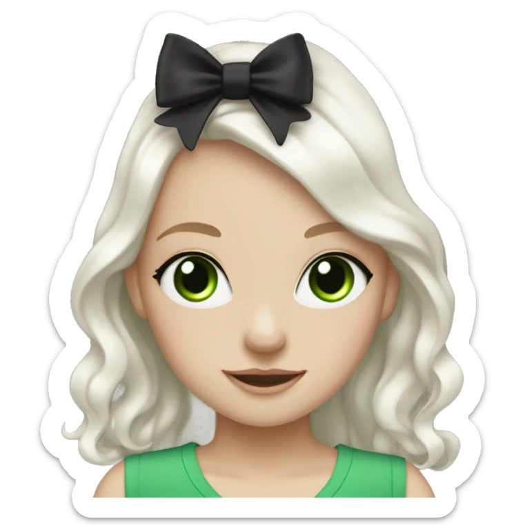 pale girl with long platinum white wavy hair with bright green eyes and wearing a black hair bow sticker