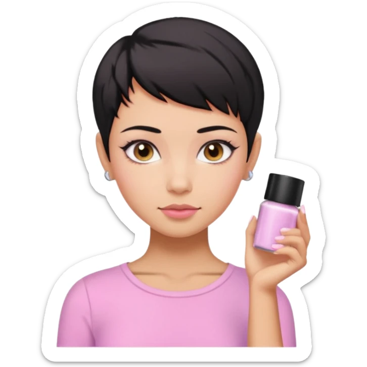 tan girl pink shirt with black hair & a pixie, cut no earrings, doing pastel colors skin care sticker