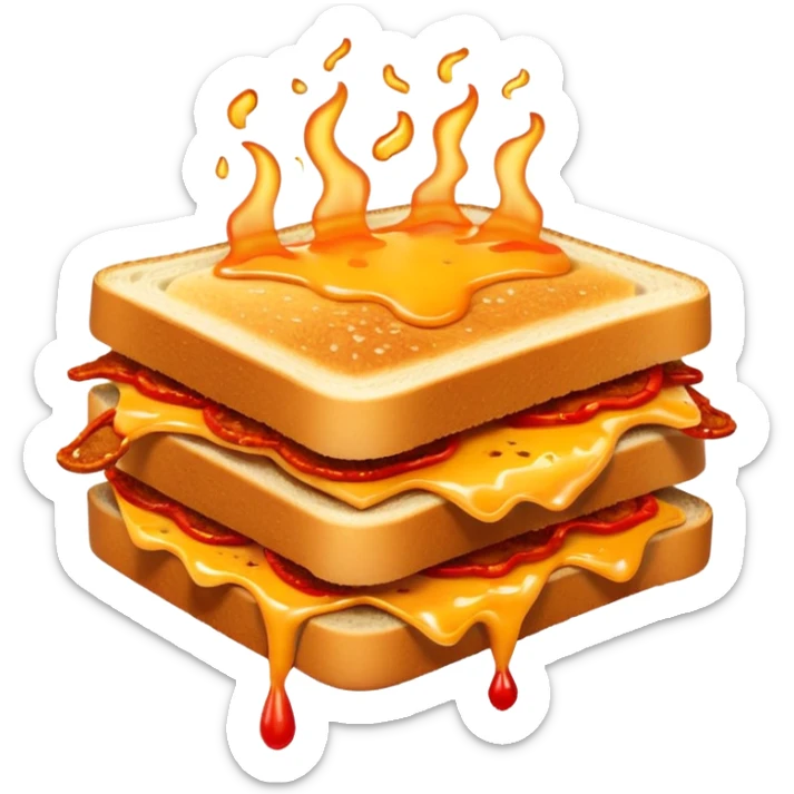 extra spicy sucuk sandwich object icon, crispy toasted bread, lots of spicy sucuk slices, dripping melted cheese, hot chili sauce, red pepper flakes, spicy steam effect, 3D cartoon, mobile game icon style, clean background, no text, no watermark
 sticker