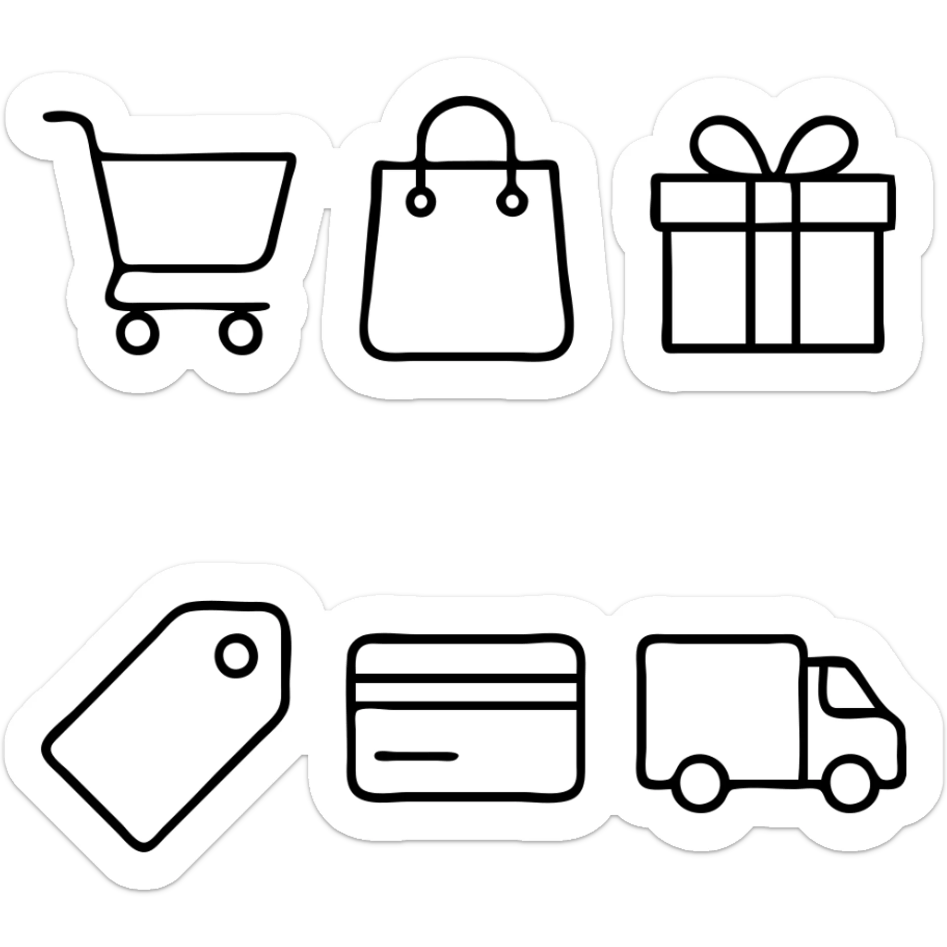 Hand Icons. Shopping cart, shopping bag, gift box, price tag, credit card, delivery van sticker