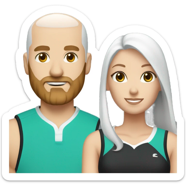 White couple in pickleball black and white clothes. Male bald= beard, white, bald, aqua eyes. Female = long light brown hair, aqua eyes.  sticker
