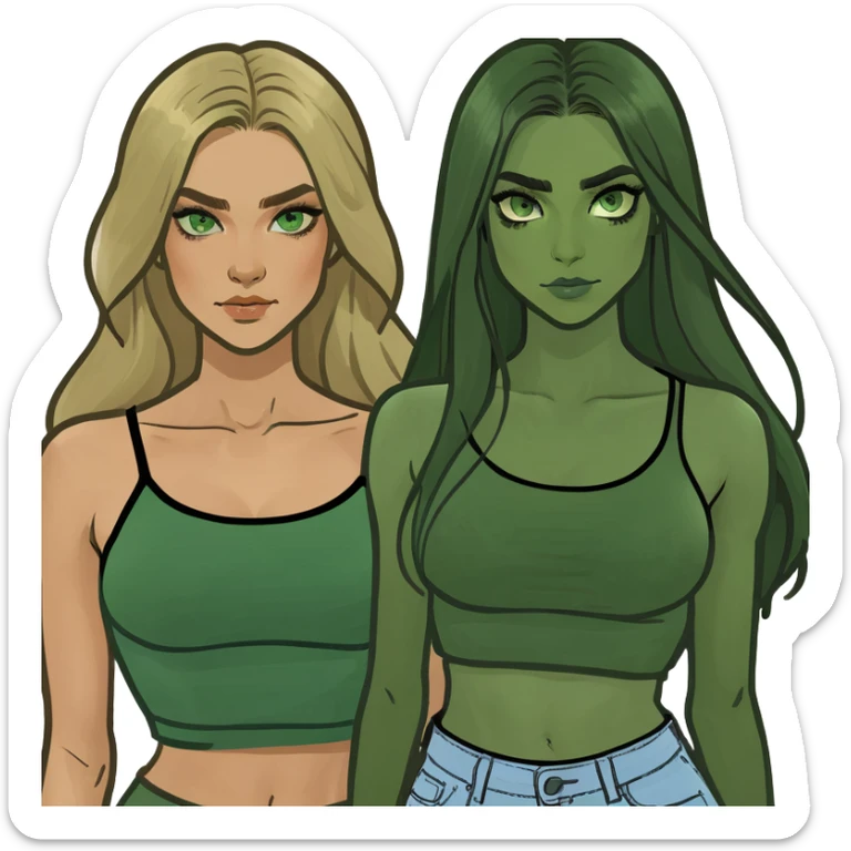 Three women, one with light skin with dark blonde long hair with green eyes, light skin black long hair with brown eyes and light skin long blonde hair with blue eyes wearing crop tops sticker