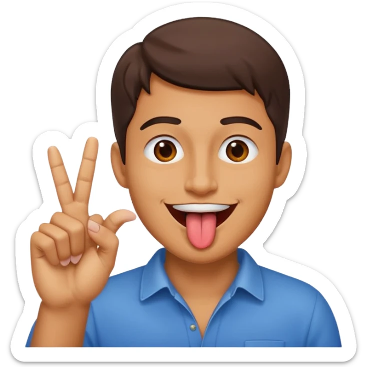 Man making v shape with fingers and tongue sticking out of mouth sticker