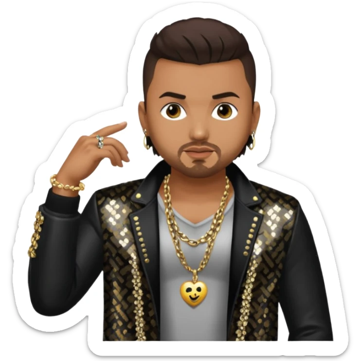 Sean Paul with dark brown hair, black sequin jacket, shirtless with necklace sticker