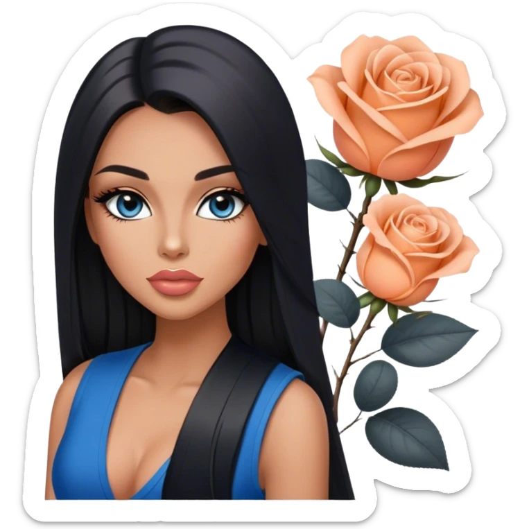 Glamours, tanned, very beautiful girl, with big pump peach-beige-rose lips, long long lashes, black straight smooth silky long hair, straight parting hair, blue-grey eyes, black v-neck vest sticker