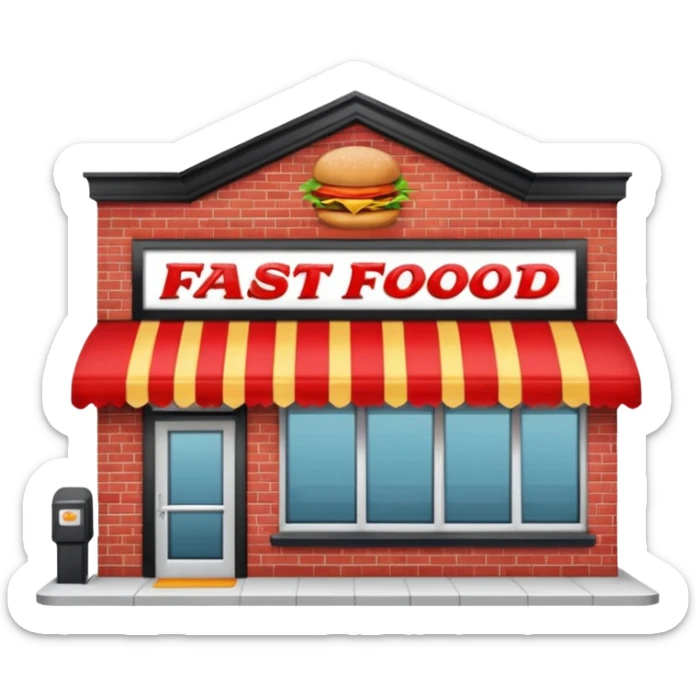front of fast food building with awning, windows, and a glass door in the center sticker