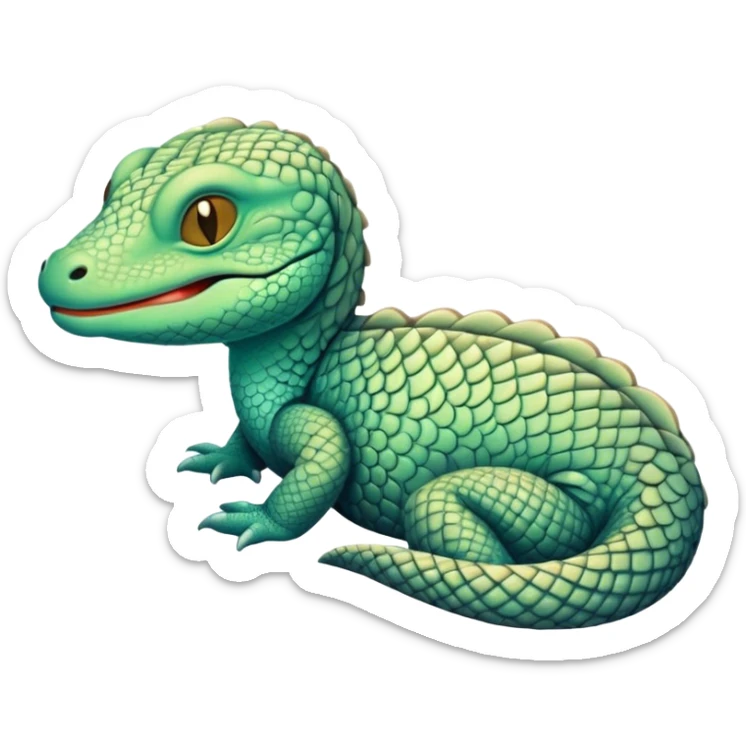 Meme-Worthy cute Sleeping Monitor Lizard Portrait Emoji, Head resting peacefully with a contented smile, showcasing intricately patterned scales and eyes gently closed in serene slumber, Simplified yet comically adorable features, highly detailed, glowing with a soft, drowsy earthy light, high shine, relaxed and utterly lovable, stylized with an air of playful laziness, bright and heartwarming, soft glowing outline, capturing the essence of a sleeping reptilian guardian that feels destined to become the next viral icon of adorable rest! sticker