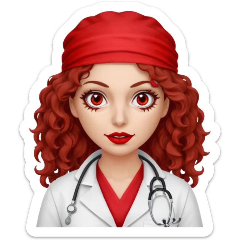 Scary woman scalpel in hand, evil surgeon sexy surgeon clothes.  She has red eyes. Her  brown long curly hair. Wears sexy doctor outfit with red gloves. Hides mouth necknose with red bandana to hide her identity sticker