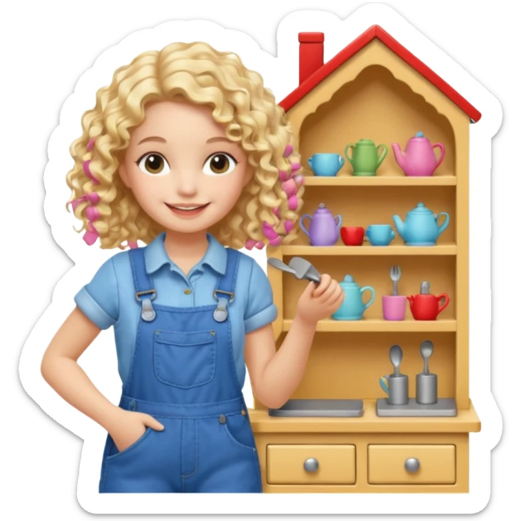 smiling blonde curly girl arranging furniture in doll house with overalls sticker