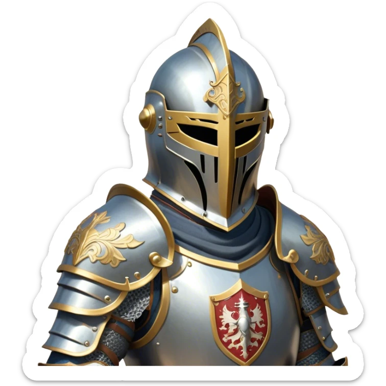 Clash of Clans aesthetic: Cinematic heroic Armored Knight Hero close up Emoji, rendered in a 3D vector-style similar to standard emojis with minimal shading and bold, simplified shapes. A compact, isometric warrior clad in gleaming plate armor with intricate heraldic details, softly glowing with a chivalrous medieval charm. Simplified yet unmistakably iconic, highly detailed and consistent, glowing with a soft radiant shine and high polish. Stylized with a touch of noble valor and a soft glowing outline, wearing a full face helm so that no face is visible with only eyes visible, capturing the essence of a gallant knight ready for honorable battle with a friendly, playful manner! sticker