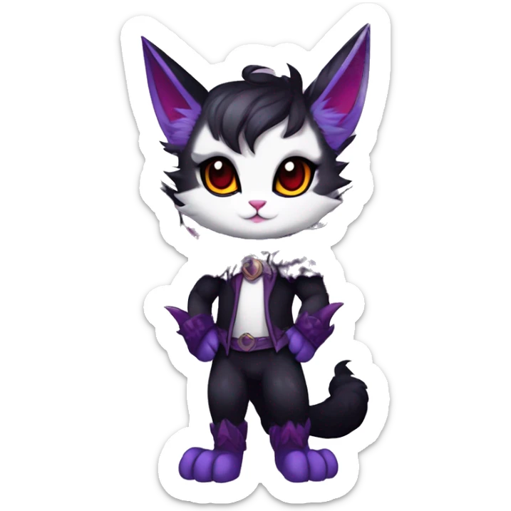 Anthro-Cute-Edgy-Vampiric-Batty-Cat-Black-Purple-Red-White-Contrast-Colors-Fantasy-Fur-Sona-Chibi-Shiny-Fakémon-Hybrid with horns full body sticker