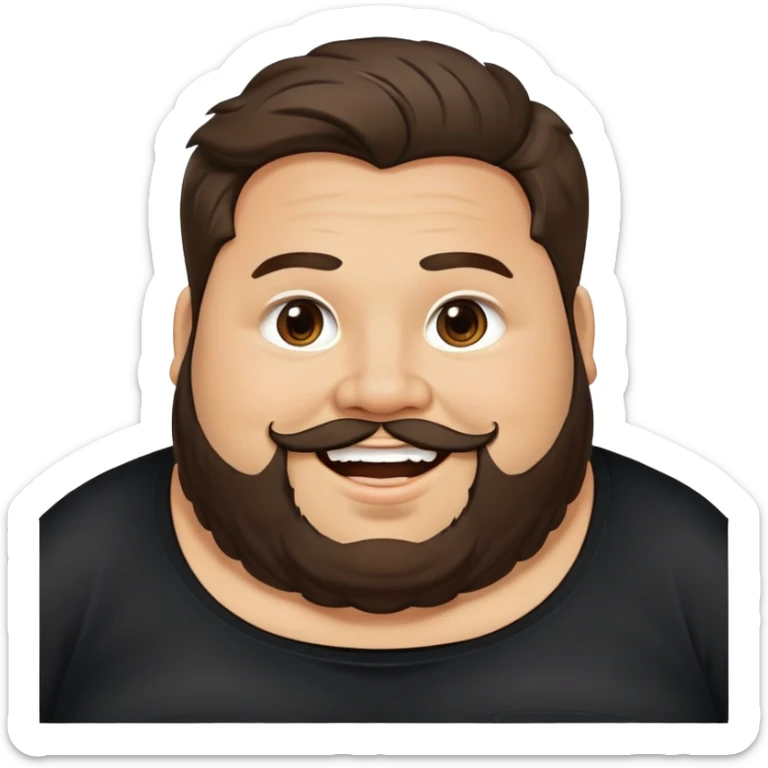 Joven obese, barba, long hair, pelo largo, cuerpo grande, latino piel canela, cara redonda-ancha, scruff sin barba completa, cejas gruesas, pelo oscuro ondulado flat largo hasta el cuello. Sonrisa amplia, expresión alegre. Camisa negra. Size large.  sticker