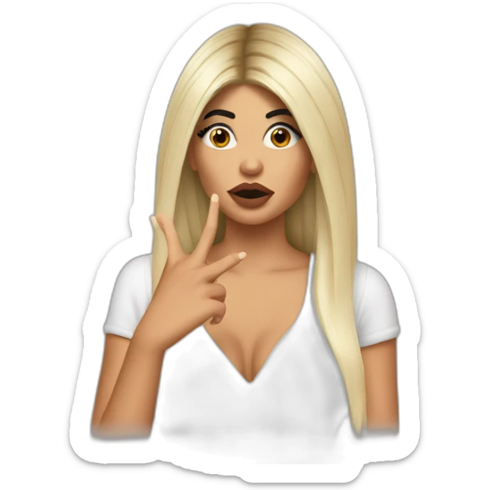 Kylie Jenner with hair to her arms wondering and holding her finger on her lips sticker